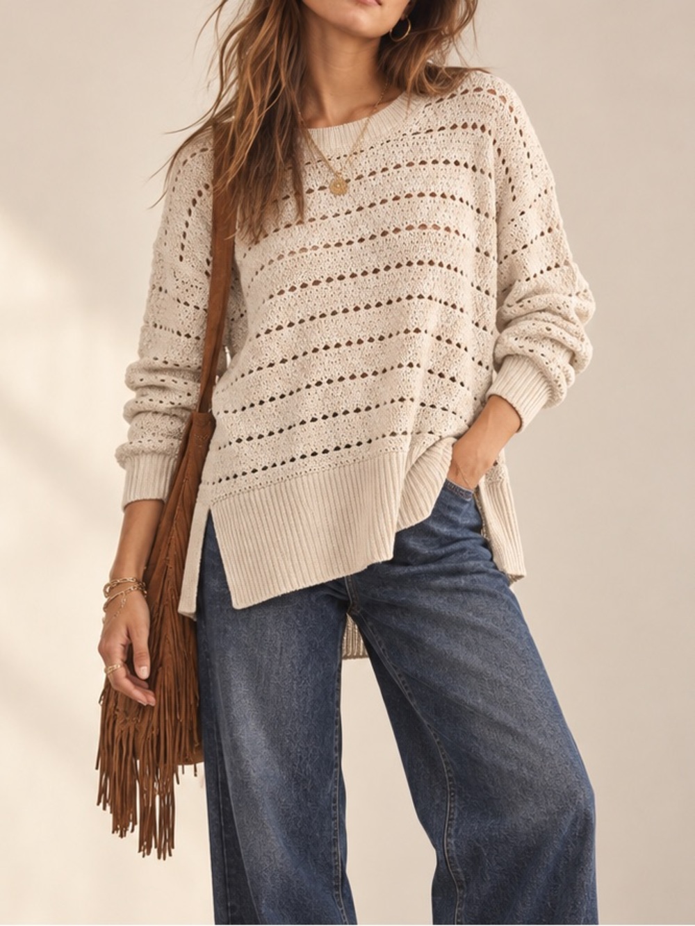 Gap Pointelle Open Knit Crewneck Cream Side Slit Sweater Medium Cotton